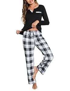 Bresdk Pyjama Damen Schlafanzug Lang Winter Langarm Baumwolle Nachtwäsche Kariert Schlafanzüge Schwarz L