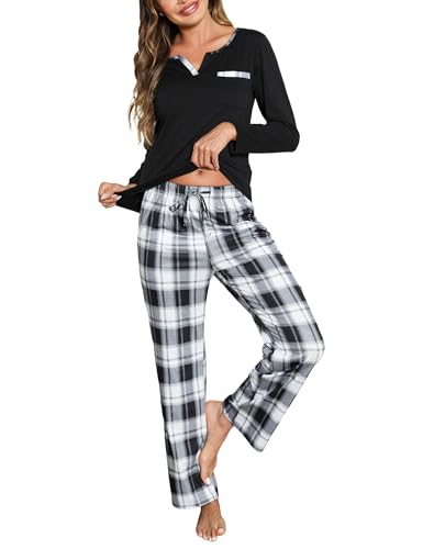 Bresdk Schlafanzug Damen Lang Pyjama Set Baumwolle Winter Langarm Zweiteiliger Kariert Schlafanzüge Schwarz M