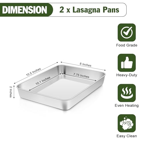 TeamFar Small Lasagna Pan Set of 2, 10.5’’ x 8’’ x 2’’ Stainless Steel Rectangular Brownie Cake Pan For Baking Roasting, Healthy & Sturdy, Brushed Surface & Dishwasher Safe, Deep Side