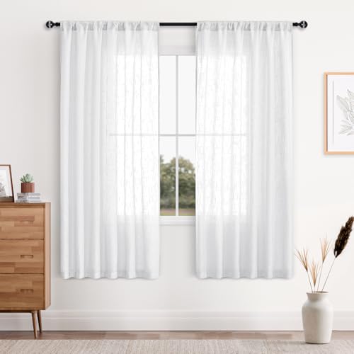 DWCN White Faux Linen Sheer Curtains - Textured Semi Voile Bedroom and Living Room Curtains, Set of 2 Rod Pocket Curtain Panels, 52 x 63 Inch Length
