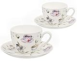 Buchensee Kaffeetassen, Teetassen Set aus Fine Bone China Porzellan. 2 Kaffeetassen je 210ml und 2 Unterteller, Tassenmuster