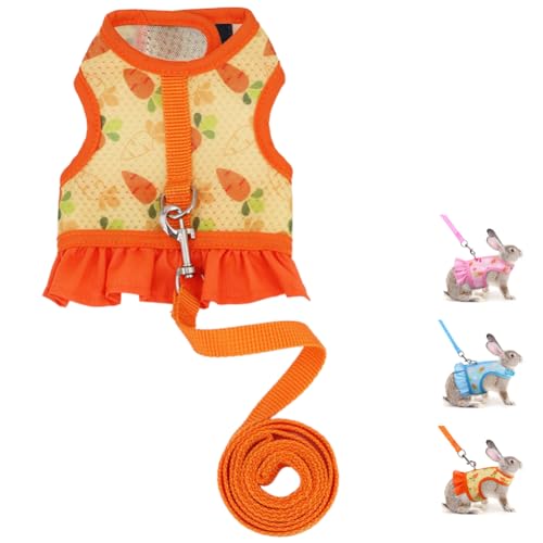 Image of Rabbit Leash and Harness Set,Proof Walking Escape Cute Floral Mesh Vest Breathable Rabbit Clothes for Bunnies, Hiking, Training for Ferret Kitten Puppy Small Rabbit Harness Orange L