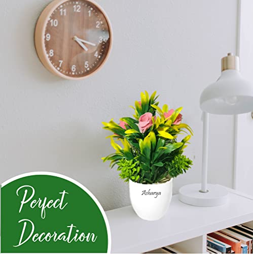 Image of Artificial Flower Plants for Home Decor - Set of 4 Mini Potted Plants (7 Inch) in White Pots | Pink, Yellow, Red & Blue Faux Flowers for Living Room, Office, Indoor Outdoor Decoration