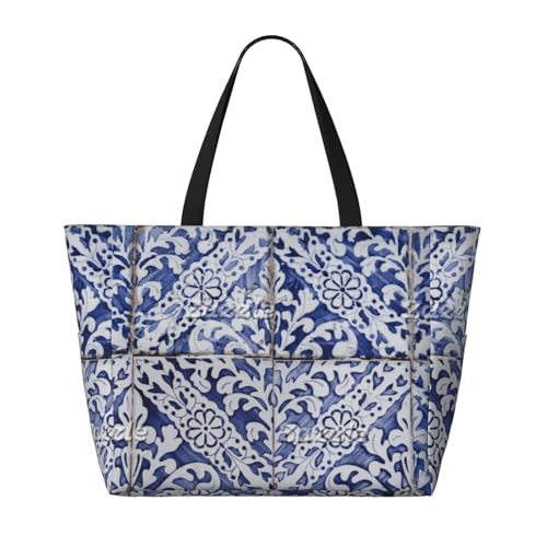 Portuguese Tiles - Azulejo Blue And White Floral Beach Bag Women Tote Bag Pool Bag With Zipper For Gym Grocery Travel With Wet Pocket, Black2