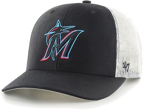 47 MLB Team Color Primary Logo Mesh Trucker Snapback Adjustable Hat Cap Adult One Size Fits All - Miami Marlins Black
