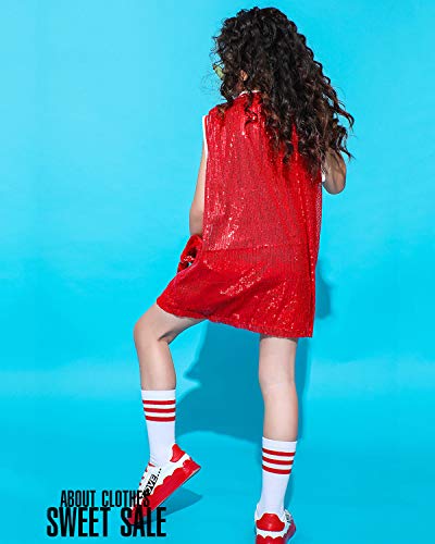 Girls Sequins Dance Tops Dress Sleeveless Shiny Hip Hop Modern Jazz Stage Dancer Clothes (6X-7, Red) #TOP3
