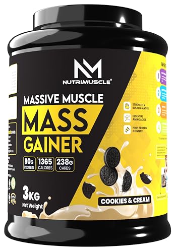 Image of Nutrimuscle Massive Muscle Mass Gainer, 3 Kg - Cookies & Cream Flavour, High Protein Weight Gainer with Creatine & Complex Carbs for Muscle Mass, Size & Strength Gain