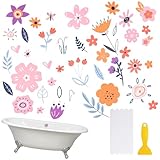 HOMMDECO Rutschfeste Badewannen-Aufkleber, 6 Stück, Cartoon-Blumen und Pflanzen, Badewannen-Aufkleber, rutschfest, selbstklebend, mit Schaber für Badewanne, Treppe, Dusche, Boden