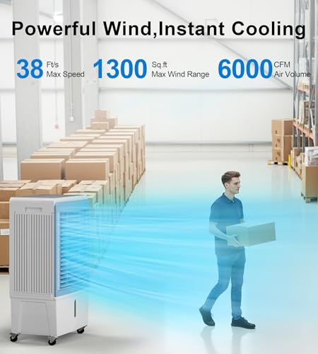 AKIRES 6000CFM Large Swamp Cooler with 13.5-Gal Water Tank,3-IN-1 Evaporative Air Cooler with Remote Control,4 Ice Packs,12H Timer, Evaporative Cooler for Indoor,Outdoor,Garage Use(46IN)