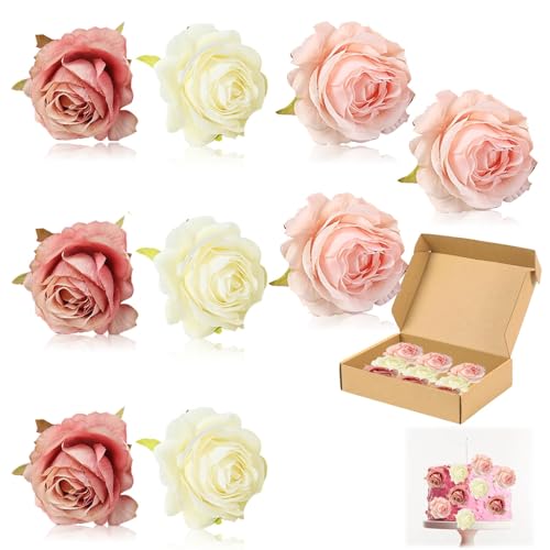 Elkuaie Flower Cake Decorations, Artificial Rose Flower Cake Decorations, Bridal Cakes Decoration, Suitable for Wedding, Valentine's Day, Party, Girls Birthday (White, light pink, bean paste), 9PCS