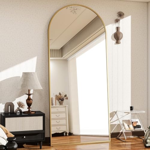 Image of Arch Top Full-Length Mirror | Floor Standing or Wall Mounted | Minimalist Design in Gold, Black & Silver | Oversized Mirror for Bedroom & Entryway (Gold, 170x70 cm)