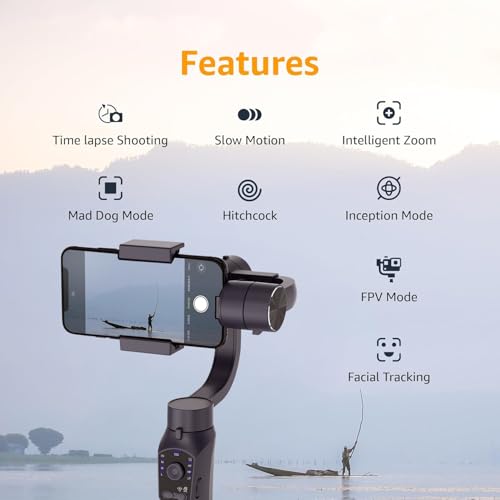 Image of Amazon Basics Handheld Gimbal Stabiliser with 3-Axis Feature and Tripod, Facial Tracking, Time Lapse, FPV, Up to 12 Hours Operational Time, Compatible with All Smart Phones (Dark Grey)