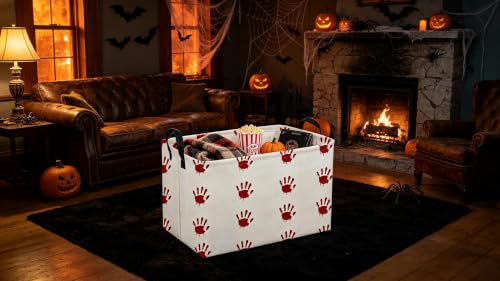 Image of Sanjiaofeng Rectangular Kids Basket Halloween Spooky Storage Bins,Gloomy Storage Basket with Handles.Clothers,Books,Kid's Gifts Bins.Halloween Party Baskets(Blood Hand)
