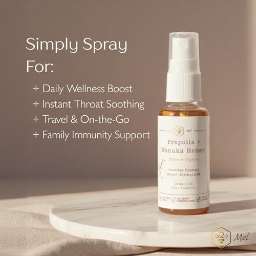 Image of Propolis Throat Spray with Manuka Honey & Bee Propolis By Mel Honey, Soothing Throat Comfort, Immune Support, Gluten-Free, Alcohol-Free, Non-GMO, Keto, 1.01 fl oz