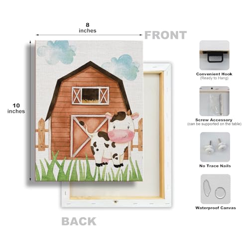 Image of Watercolor Farmhouse Nursery Decor Canvas Wall Art Farm Cute Animal Chicken Cow Pig Wall Decor Artwork Poster Prints for Home Living Room Girls Boys Bedroom Classroom Decoration,4PCS,Framed,8x10IN