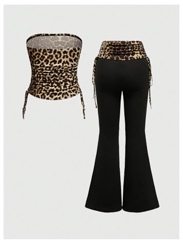 Image of RoseSeek Women's 2 Piece Outfits Rhinestone Leopard Tube Tops & Side Drawstring Bell Bottoms Y2k Outfit