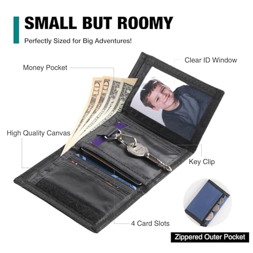 Image of Kids Wallets for Boys & Girls, Blue Canvas Wallet with Coin Pocket & Magic Sticker for Toddlers to Teens
