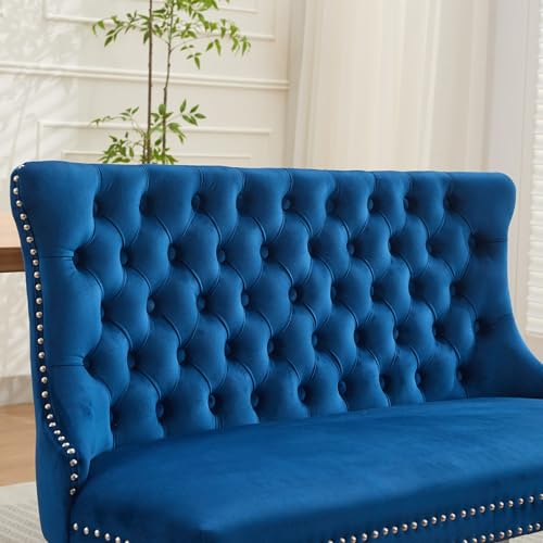 Image of 45.6''Velvet Dining Bench, Button Tufted Upholstered Dining Table Bench with Wing Highback, Nailhead Decoration, Small Loveseat Sofa with Silver Stainless Steel Legs, Mid Century Modern Seating, Blue
