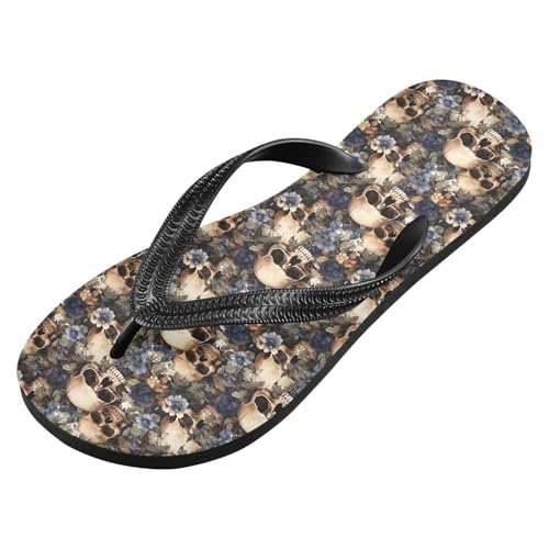 Skull Floral Flip Flop Sandal for Women Men, Casual Beach Slippers Indoor Outdoor XS2