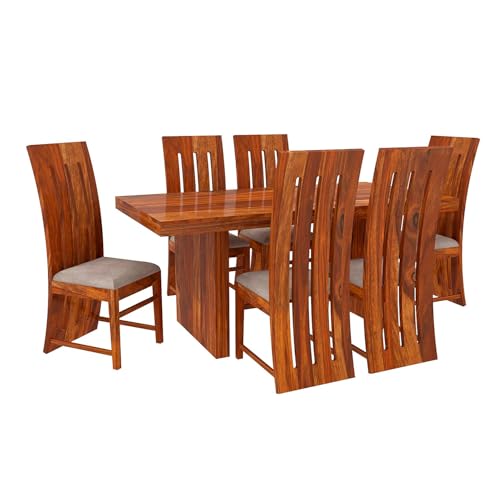 Image of KendalWood Furniture Sheesham Wood Dining Table with 6 Chairs with 1 Table | 1 Year Warranty | 6 Seater Dining Set- Dining Room Furniture (Finish Color:-Teak Finish with Cream Cushion)