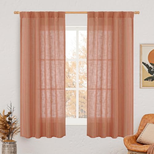 LAMIT 60 Inch Length Window Linen Curtains, Light Filtering Panels Back Tab and Rod Pocket Neutral Drapes for Bedroom/Living Room, Terracotta, 2 Panels, 34 x 60 Inch
