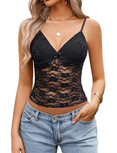 Weardear Damen Spitze Tank Top Sommer Ärmellose Camisole Sexy Crop Spaghetti Tops Lässiges Spitzentop V-Ausschnitt Basic Y2K Vest Oberteile Schwarz L