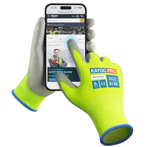 Image of KAYGO Safety Work Gloves, PU Coated, 2-Finger Touchscreen, KG11P | Breathable & Lightweight, Smooth Grip, 13-Gauge Seamless Knit, for Light Warehouse, Manufacturing, Gardening