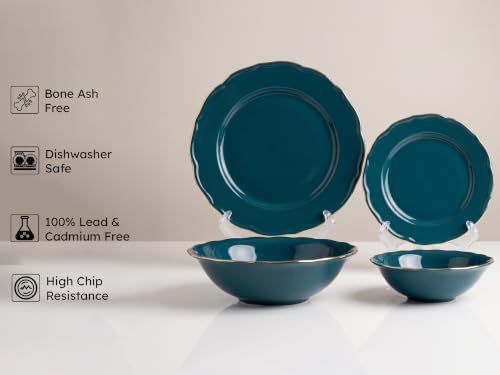 Image of Bodhi House 20-Piece Gold Rim Porcelain Dinner Set | Plates & Bowls Set | Lightweight, Chip Resistant, | Dishwasher Safe | Ideal for Home Dining, Parties & Gifting Tableware Set | Teal