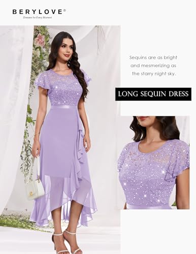 Image of BeryLove Formal Long Dresses for Women Wedding Guest Cocktail Bridesmaid | Airy Lace & Chiffon Evening Gown, Flutter Sleeve, Ideal for Mother of the Bride, Prom, Homecoming Party & Semi-Formal Events
