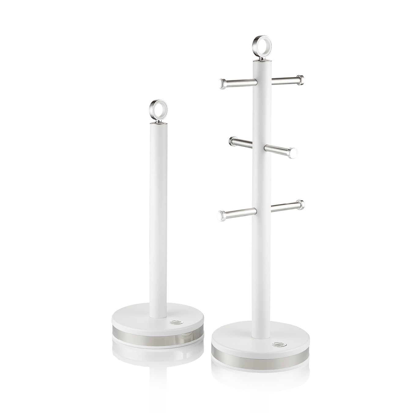Swan Serenity Kitchen Towel Pole and 6 Cup Mug Tree Set with Smooth Matte Finish, Stainless Steel Accents and Non-Slip Bases, White