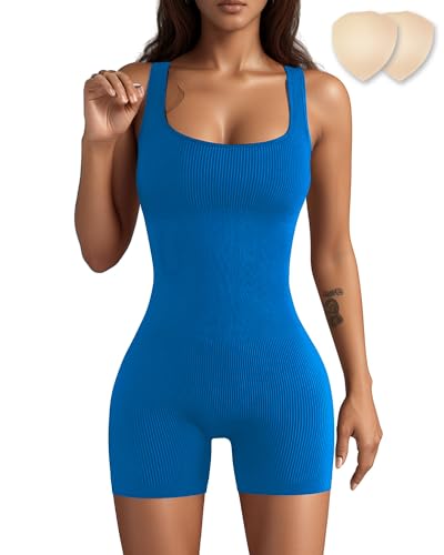 Merlvida Sport Jumpsuits pour Femmes - Bodycon Court - Bodysuit Court et Élastique - Combinaison Une Pièce Mise en Forme - Gainant pour le Ventre - Bodysuit Sans Couture pour Fitness Yoga Gym, bleu, M