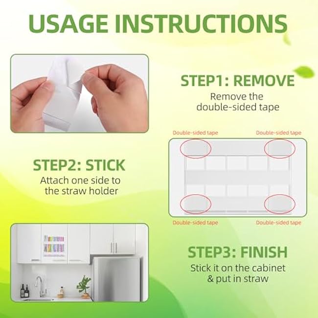 Acrylic straw holder with double-sided tape,cabinet straw organizer,Straws dispenser,suitable for cabinets and kitchen countertops (white)