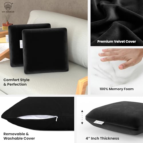 Image of MYARMOR Memory Foam Square Cushion for Car, Sofa /Diwan, Bed, Chair & Decoration | Highly Durable, Hypoallergenic | Velvet Cover | Black, Pack of 2 [12 inchx 12 inch x 4 inch]