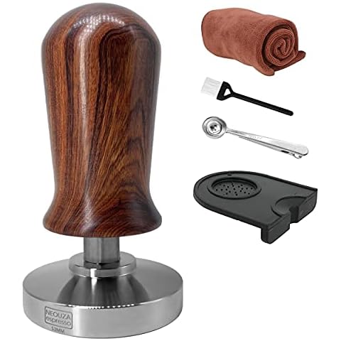 NEOUZA Calibrated Espresso 53mm Coffee Tamper Professional Press Hammer - Compatible with Sage/Breville 870 875 878 Flat Base 304 Stainless Steel with Spring Loaded Premium Wooden Handle Cover
