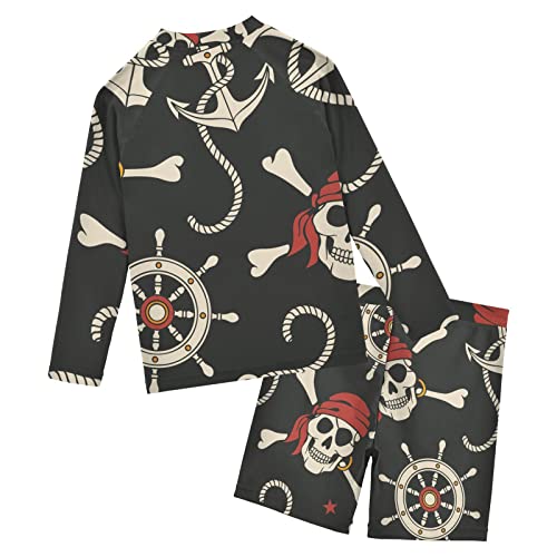 Pirate Skull Anchor Boys Rash Guard Sets Swimsuits with Long Sleeve Toddler Swimsuit,3T2