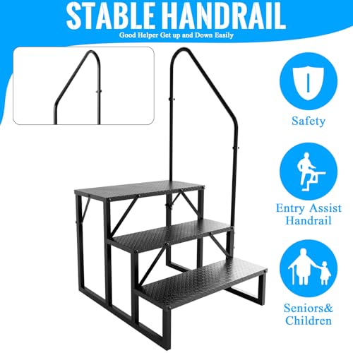 Image of 3 Step RV Stairs with Handrail, 660LBS Heavy Duty Anti-Slip Metal Steps, Detachable Outdoor Stairs for Hot Tub /5th Wheel /Pool /Mobile Home