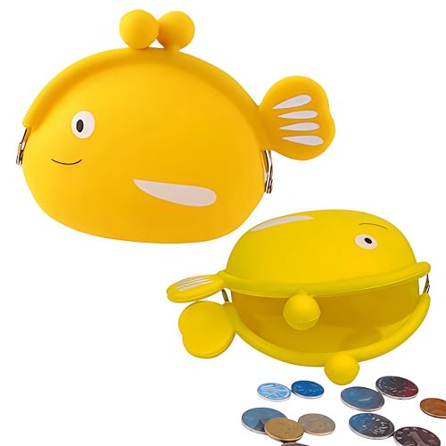 Image of FunBlast Cute Fish Shape Silicone Coin Purse for Kids & Adults - Mini Pouch for Coins, Earphones, Keys & Small Essentials, Aesthetic Pouches for Girls & Women - 12 X 9.5 X 3 Cm (Yellow)