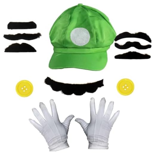 Bessy shop Mario Costume, Accesorios de Vestuario de Cosplay,Disfraz Mario y Luigi Bros con Botones de Guantes de Bigote de Mario Caps Carnaval,para la decoración de Navidad,Cosplay