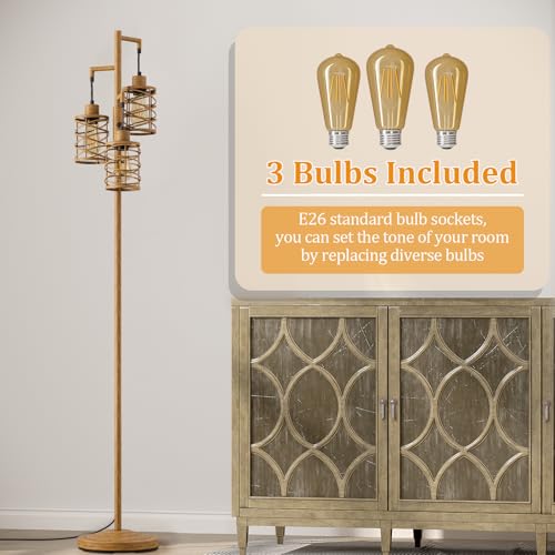 Image of Oneach 70 inch Industrial Floor Lamp, Stepless Dimmable Standing Lamp with 3 Bulbs, Farmhouse Corner Standing Tree Lamp for Living Room, Tall Lamps for Bedroom, Office, Study Room, Dining Room, Wood Grain