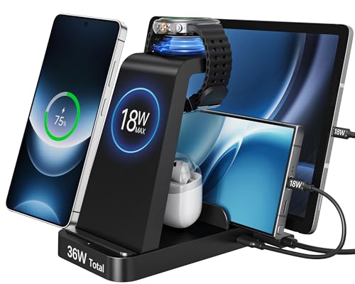 Wireless Charger Station for Samsung Galaxy Watch, 5 in 1 Fast Charging Dock Compatible with Galaxy Watch Ultra 8 7 6 5, Galaxy S Series, Galaxy Buds, Multi Device Wireless Charger Stand Black