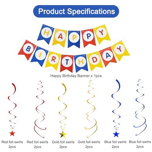 Image of BEISHIDA Red Blue Gold HAPPY BIRTHDAY Banner with 12pcs Red Blue Gold Stars Hanging Swirls Garland Party Decorations Sets for Birthday Party Supplies, Kids Girls Birthday Decorations