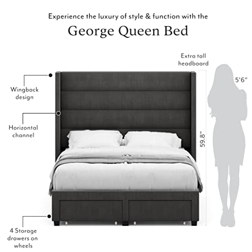 Dg Casa George Modern Upholstered Extra Tall Tufted Channel Wingback Headboard Platform Storage Bed Frame, Queen Size, Charcoal #TOP1