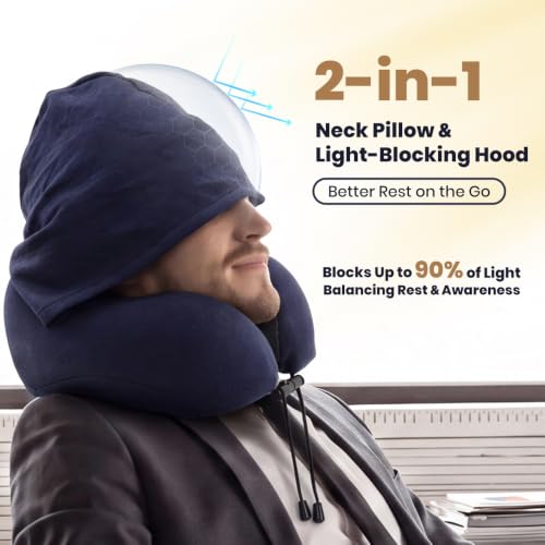 Hemompito Neck Pillow with Blackout Hood, Travel Pillow for Airplane, Ergonomic Memory Foam, Adjustable Buckle Strap, Breathable & Detachable Modal Cotton Pillowcase, Ideal for Traveling, Office Naps - image 4