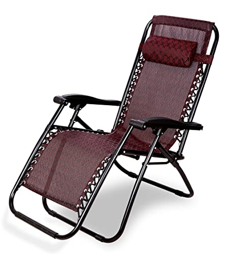 ZEPOLI Zero Gravity Folding Recliner Chair, Adjustable Patio Lounge Chaise, Outdoor Wicker Rattan Furniture with Cup Holder and Pillow for Poolside, Yard (Maroon)