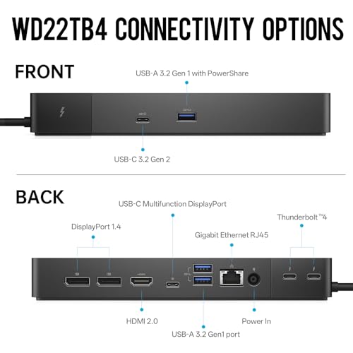 Dell WD22TB4 Docking Station, Performance Thunderbolt 4 Dock - 3 Year Warranty, with 180W Power Adapter + 130W Power Delivery + ZoomSpeed HDMI Cable + ZoomSpeed DP Cable, Supports 4K Displays - New
