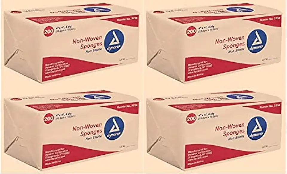 Dynarex Non-Woven Sponges, Non-Sterile, Gauze, for Cleansing, Prepping and Dressing, Highly-Absorbent, Less Linting, 4-Pack, 4"x 4", 4 Ply, 800 Sponges