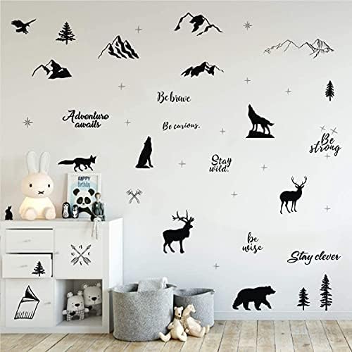 IARTTOP Inspirational Quote Woodland Wall Decal,Mountain Forest Wild Animal Deer Black Sticker,Be Strong Be Brave Wall Art for Classroom Kids Room Nursery Decor(52 Decals) 3 4129qFSejDS. AC