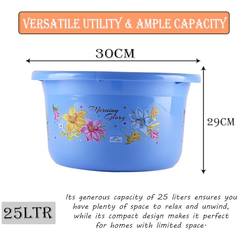 Image of Kuber Industries Pack of 3 Plastic Tub | Bath Tub of Bathing & Washing | Tub for Bathroom | Bathtub for Baby | Flower Print Water Tub | 25 LTR | Blue