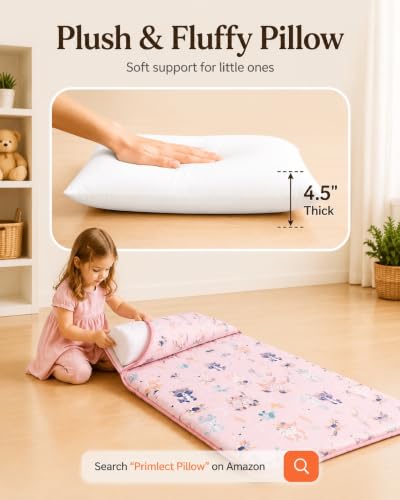 Image of Primlect Thickened Toddler Nap Mat with Removable Pillow and Minky Blanket, Extra Large 55''x35'' Sleeping Bag, Washable, Roll up, Perfect for Daycare, Preschool, Kindergarten, Boys and Girls Pink Fox | 55''x35'' Sleeping Mat with Blanket, Washable, Roll up, Perfect for Daycare, Preschool, Kindergarten, Girls, Fox