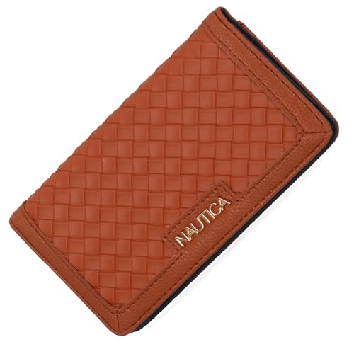 Image of Nautica Seaside Slim Womens Wallet RFID Blocking Credit Card Holder, Coin Purse, Checkbook Organizer Clutch, Small Vegan Leather Wallet for Travel, Cognac (Woven)